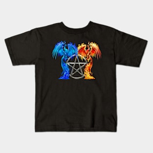Fantasy Fire And Ice Phoenix Silver Pentagram Kids T-Shirt